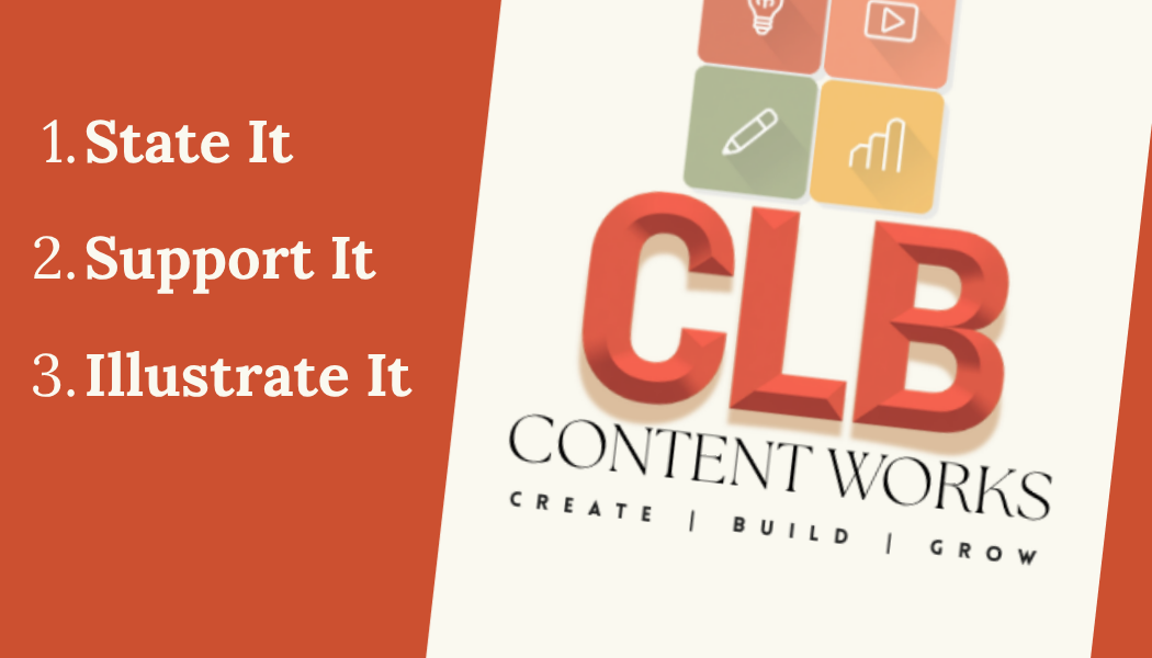 an orange background with the CLB Content Works logo and text that reads State it, Support it, Illustrate it